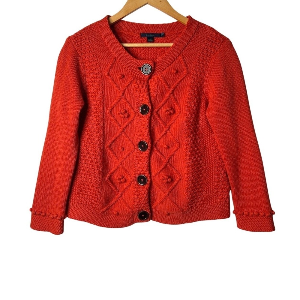 Boden 100% Wool Bobble Cable Knit Cardigan 8 Orange Fall Cottagecore Twee Quirky